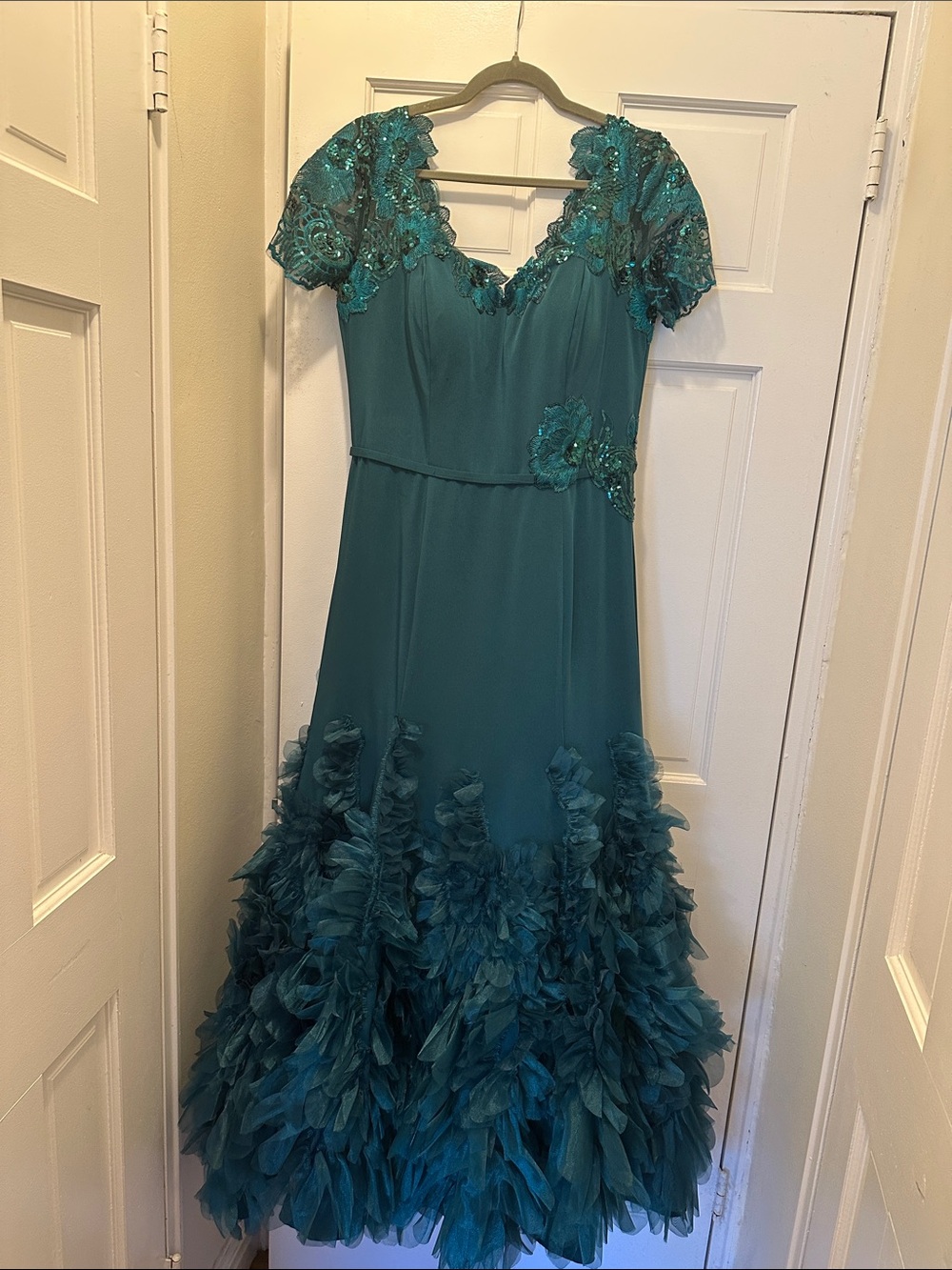 Teal Lace & Feather Maxi Dress with Floral Appliqué